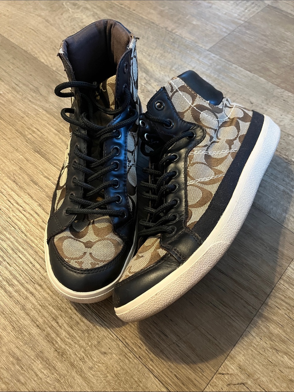 Coach High-Top Sneakers in Brown and Black Signature Canvas